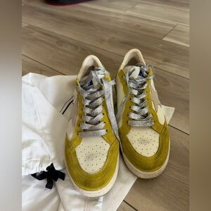 Yellow and White Sneakers with Silver Laces
